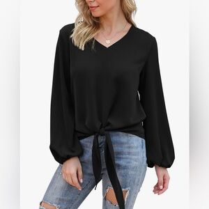 NWT VIISHOW Womens Tie Front Knot Lartern sleeve Loose Fit V Neck